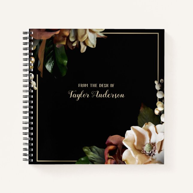 Cuaderno Elegante floral de oro sobre negro personalizado (Anverso)