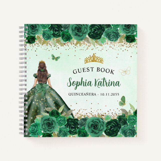 Cuaderno Elegante floral de oro verde esmeralda Quinceañera (Anverso)