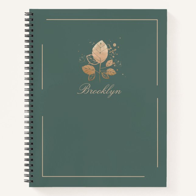 Cuaderno Elegante floral verde y Rosa dorada personalizada (Anverso)