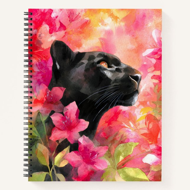 Cuaderno Elegante floreciente Floral Wild Panther Negro (Anverso)