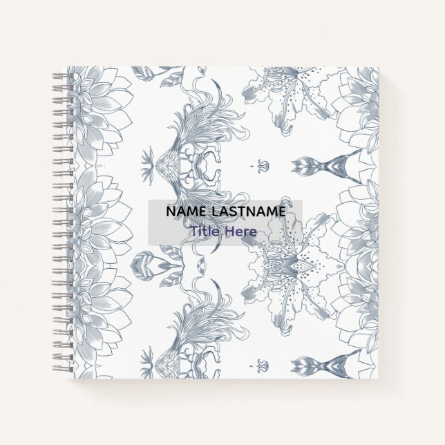 Cuaderno Elegante fondo blanco y flor azul personalizada  (Anverso)