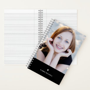 Cuaderno Elegante foto de corazón blanco y negro con nombre