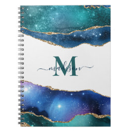 Cuaderno Elegante Geoda de Ágata Azul con Brillo Dorado Mon