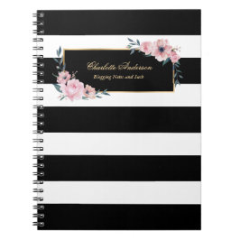 Cuaderno Elegante Girly Black White Stripes Pink Floral