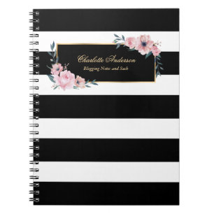 Cuaderno Elegante Girly Black White Stripes Pink Floral