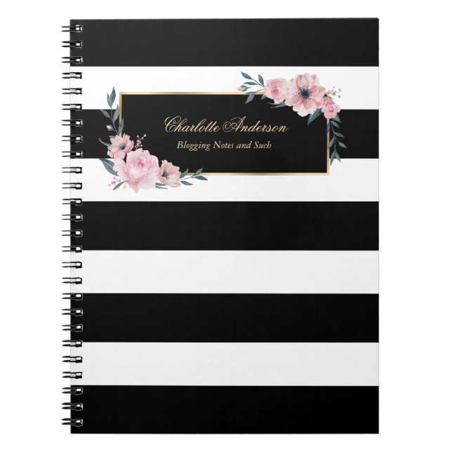 Cuaderno Elegante Girly Black White Stripes Pink Floral (Frente)