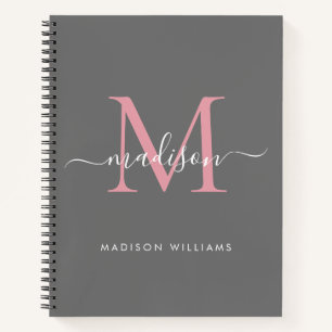 Cuaderno Elegante Gris Rubor Rosa Girly Monograma Script No