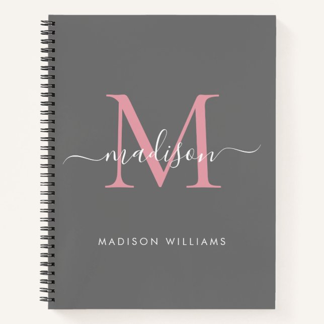 Cuaderno Elegante Gris Rubor Rosa Girly Monograma Script No (Anverso)