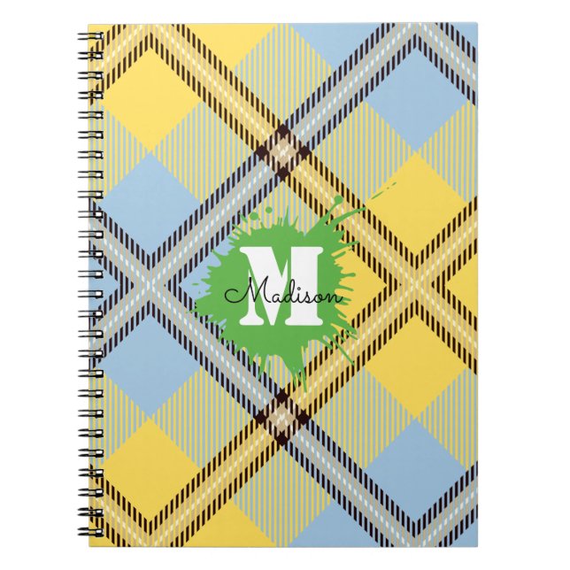Cuaderno Elegante Guión Monograma de Tartán con Placa Azul  (Frente)