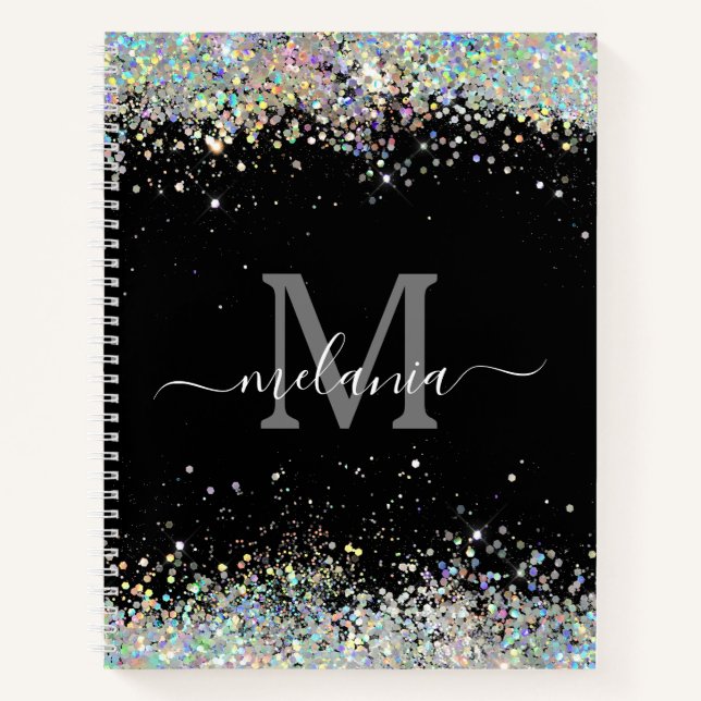 Cuaderno Elegante Holográfico Sparkly Purpurina Monograma n (Anverso)