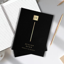 Elegante impresión de cuero Monograma negro y dora