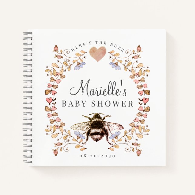 Cuaderno Elegante invitado de Baby Shower Bee Floral Heart (Anverso)