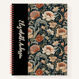 Cuaderno Elegante Jardín Floral Negro Monograma