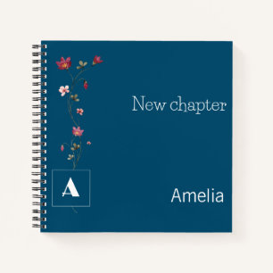 Cuaderno Elegante jubilaciones monograma floral nombre azul