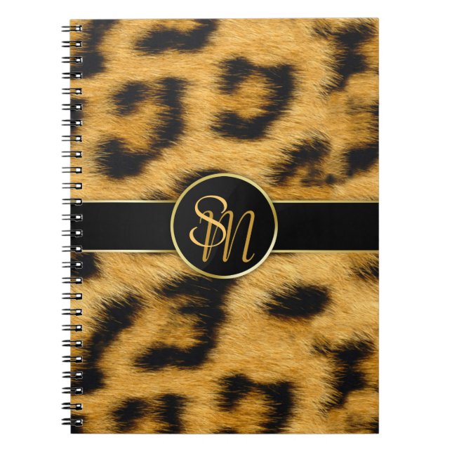 Cuaderno Elegante Leopard Print Monograma Script - Portátil (Frente)