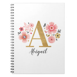 Cuaderno Elegante Letra blanca rosada monograma floral A