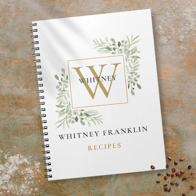 Cuaderno Elegante libro de cocina de recetas de monograma d (Elegant Gold Greenery Monogram Recipe Cookbook Notebook)