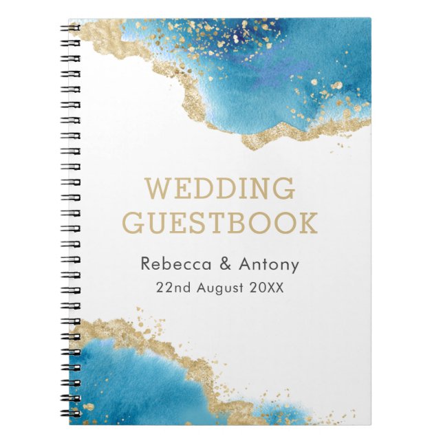 Cuaderno Elegante libro de oro azul abstracto de Ocean Boda (Frente)