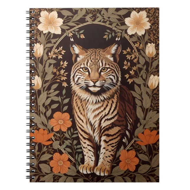 Cuaderno Elegante Lince sobre Fondo Floral Marrón (Frente)