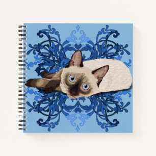 Cuaderno Elegante línea floral azul siamesa de gatos Bonito