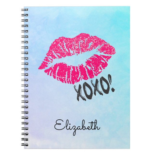 Cuaderno Elegante Lips de Besada Rosa con xoxo! Azul acuáti (Frente)