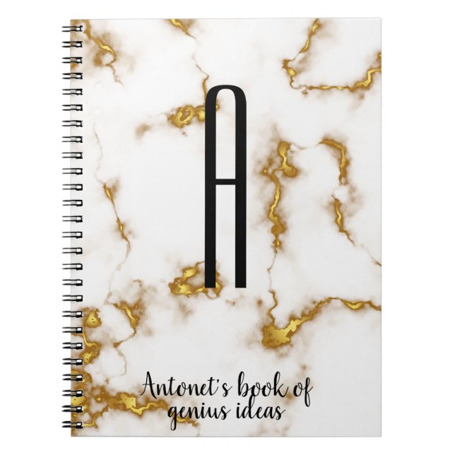 Cuaderno Elegante lujo Marble Gold cita en monograma modern (Frente)