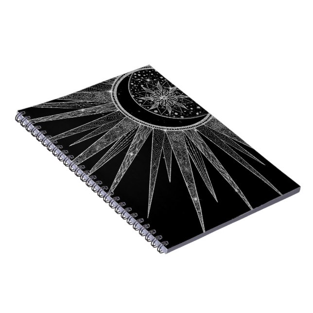 Cuaderno Elegante luna de sol plateado Mandala Diseño negro (Lado Derecho)