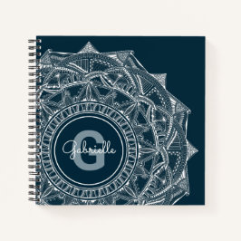 Cuaderno Elegante Mandala Art Monograma Nombre inicial Azul