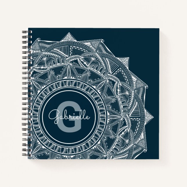 Cuaderno Elegante Mandala Art Monograma Nombre inicial Azul (Anverso)