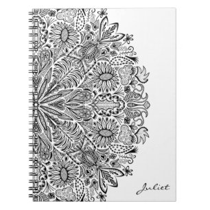 Cuaderno Elegante Mandala floral Arte Círculo blanco y negr
