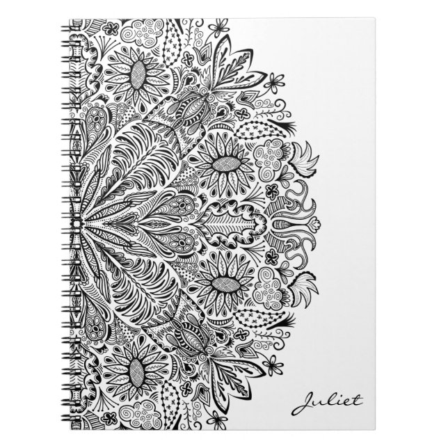 Cuaderno Elegante Mandala floral Arte Círculo blanco y negr (Frente)