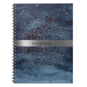 Cuaderno Elegante mandala moderno de plata con franja azul