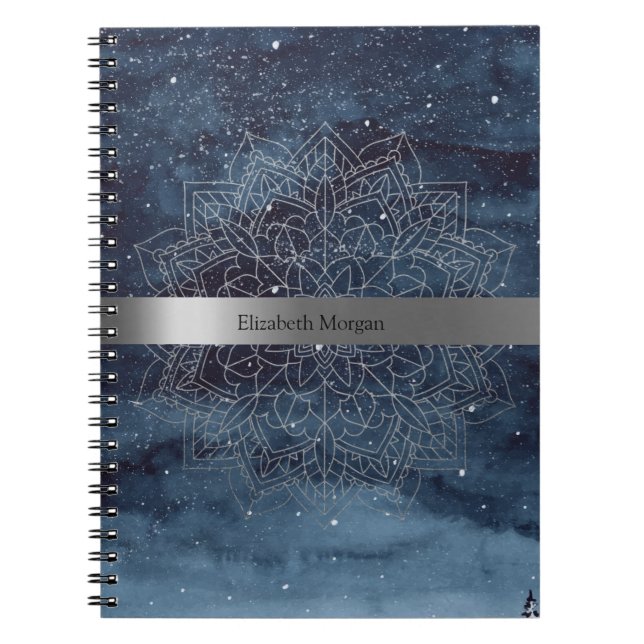 Cuaderno Elegante mandala moderno de plata con franja azul  (Frente)