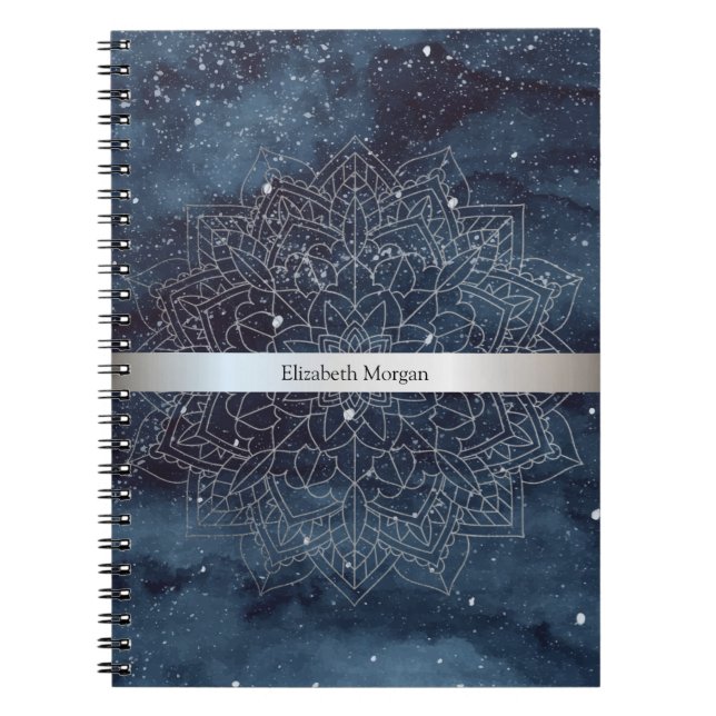 Cuaderno Elegante mandala moderno de plata con franja azul  (Frente)