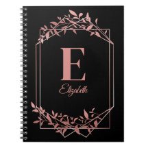 Elegante marco monogramado de oro rosa hojas negro