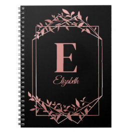 Cuaderno Elegante marco monogramado de oro rosa hojas negro