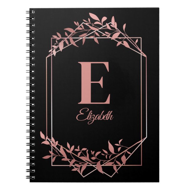 Cuaderno Elegante marco monogramado de oro rosa hojas negro (Frente)
