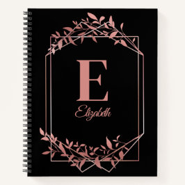 Cuaderno Elegante marco monogramado de oro rosa hojas negro