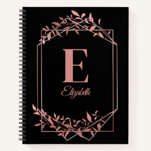 Cuaderno Elegante marco monogramado de oro rosa hojas negro