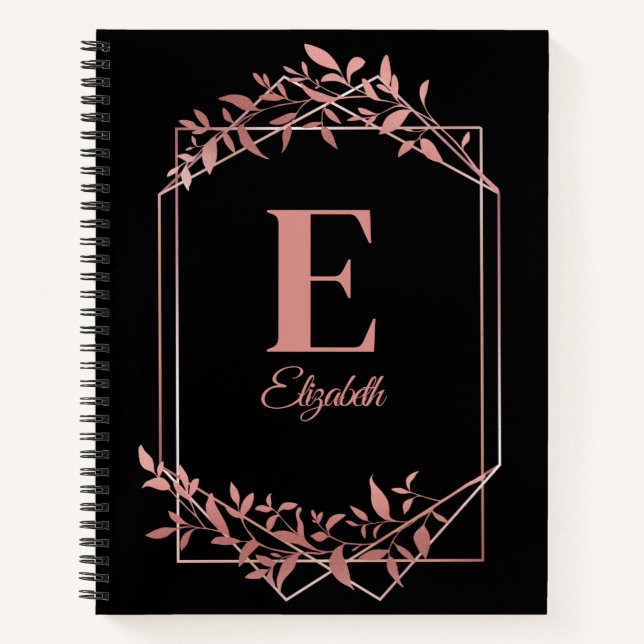 Cuaderno Elegante marco monogramado de oro rosa hojas negro (Anverso)