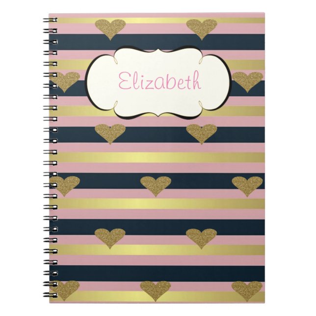 Cuaderno Elegante Moda Faux Gold Purpurinoso Corazones En R (Frente)