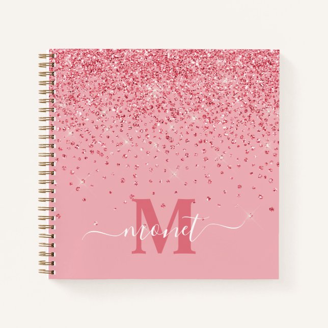 Cuaderno Elegante Moda Purpurina rosa Glam Monograma Nombre (Anverso)