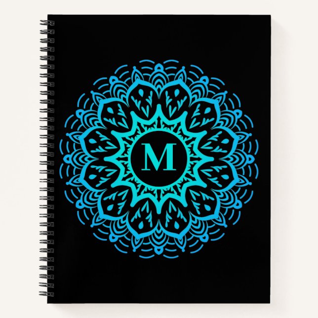 Cuaderno Elegante monograma azul Mandala de vuelta a la esc (Anverso)