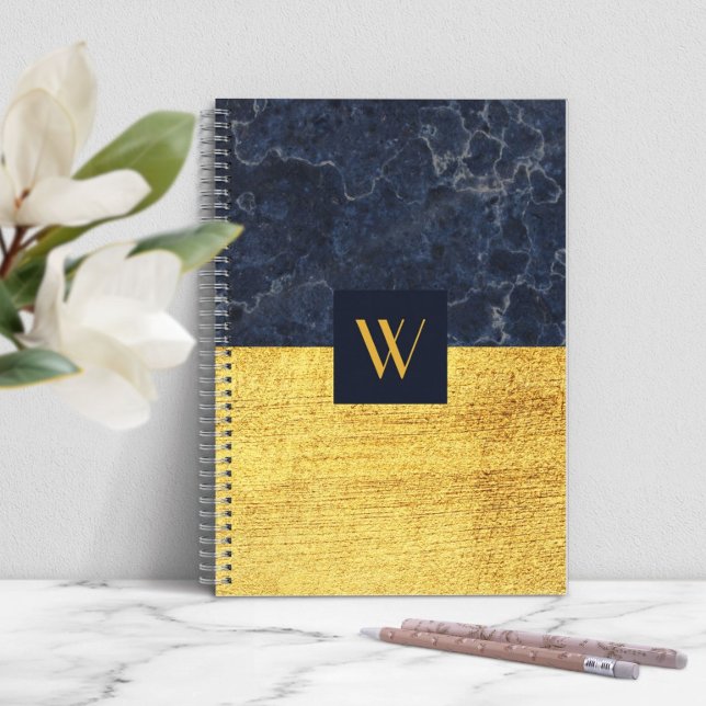 Cuaderno Elegante Monograma Azul Mármol de Oro (Elegant Monogram Blue Gold Marble Notebook)