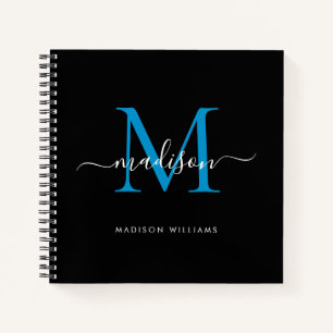 Cuaderno Elegante Monograma azul negro Nombre de guión inic