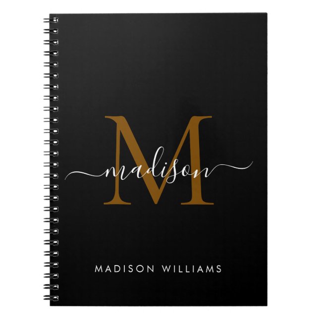 Cuaderno Elegante Monograma Black Gold Script Office School (Frente)