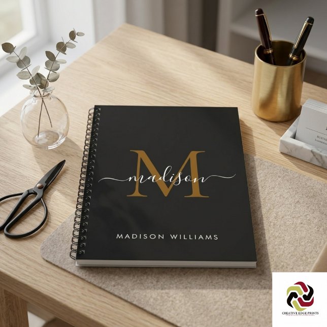 Cuaderno Elegante Monograma Black Gold Script Office School (Elegant Monogram Black Gold Script Office School Notebook
)