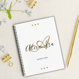 Cuaderno Elegante Monograma Blanco Guión Oro Nombre inicial