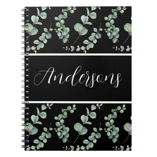 Cuaderno Elegante Monograma Blanco y Eucalipto acuarela (Frente)