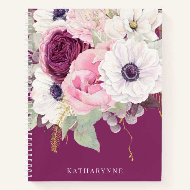 Cuaderno Elegante Monograma Botánico Floral Peony de Rubor (Anverso)